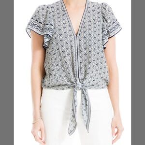 Max Studio Blue Navy Cream Abstract Flutter Short Sleeve Tie Waist Blouse Size M